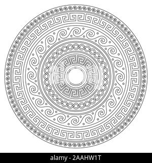 Ancient Greek round key mandala pattern with stroke - meander art in black and white perfect for adults coloring book Stock Vector