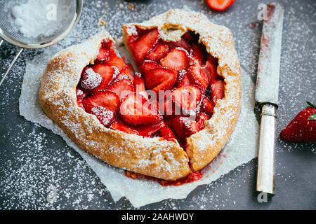 Homemade heart shaped strawberry galette for Valentines day Stock Photo