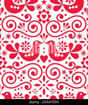 Scandinavian floral folk art vector seamless design, cute Nordic pattern with birds in red on white background Stock Vector