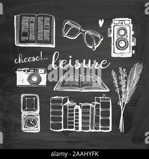 Vacation set, leisure doodles vector collection in vintage style on chalkboard background Stock Vector