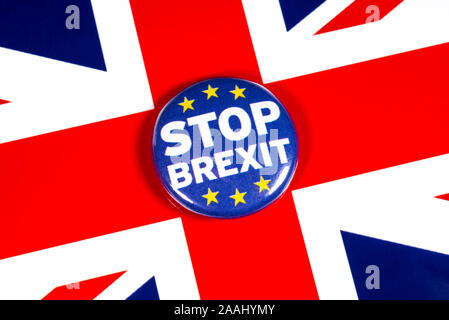 London, UK - November 21st 2019: Stop Brexit pin badge, pictured over the United Kingdom flag. Stock Photo