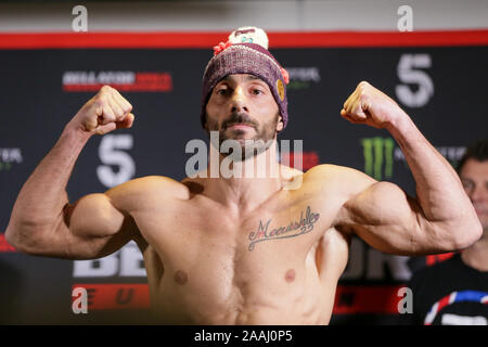London, UK. 22nd November 2019. Welterweight, Giovanni Melillo takes to the scales at Bellator London: CEREMONIAL WEIGH-INS MVP vs. Melillo at Hilton London Wembley. November 22, 2019 Credit Dan-Cooke/Alamy Live News Stock Photo