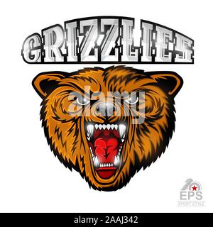Beast bear face from the side view with bared teeth. Logo for any sport team grizzlies isolated on white Stock Vector