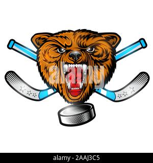 Beast bear from the front view with hockey puck crossed stick. Logo for any sport team grizzly isolated on white Stock Vector