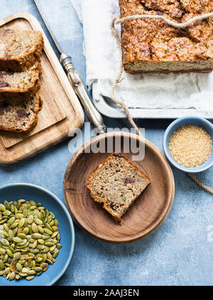 Slices of baked bread with pumpkin seeds and chocolate chips Stock Photo