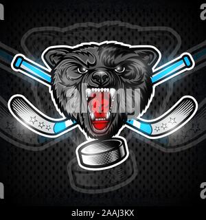 Beast wolf face from the front view with hockey puck and crossed stick. Logo for any sport team timberwolf Stock Vector