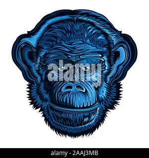 Blue monkey head in engraving style, print for t-shirt or poster Stock Vector