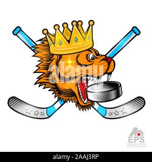 Gold crown on side view predator head with crossed hockey sticks and hockey puck in his mouth. Logo for any sport team cougar isolated on white Stock Vector