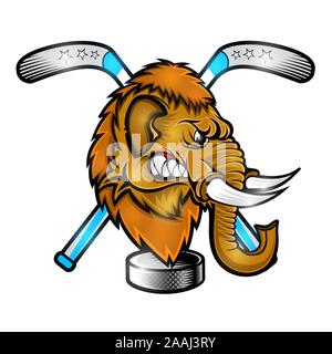 Mammoth head from the side view with hockey puck and crossed stick on white. Logo for any sport team Stock Vector