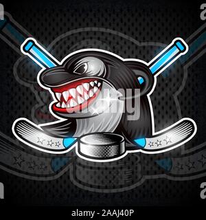 Orca face in profile with crossed sticks and hockey puck in teeth. Logo for any sport team or competition Stock Vector