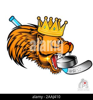 Gold crown on side view predator head with crossed hockey sticks and hockey puck in his mouth. Logo for any sport team cougar isolated on white Stock Vector