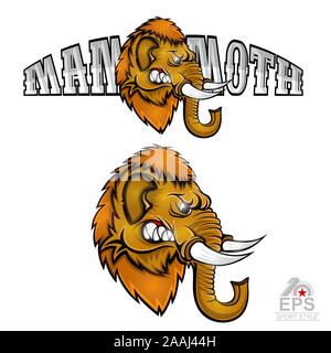Mammoth head from the side view with hockey puck and crossed stick on white. Logo for any sport team Stock Vector