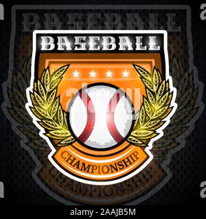 Baseball ball in the middle of golden wreath on shield. Sport logo isolated on white for any team or competition Stock Vector