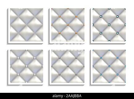 Seamless vector patterns of white leather upholstery with gold, gray, silver, diamond buttons. Luxury textures of vintage furniture Stock Vector