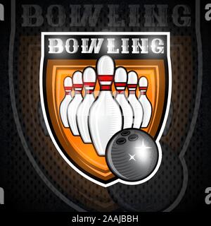 Bowling ball fly to skittles in center of shield. Sport logo for any team or championship Stock Vector