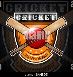 Cricket ball with cros bat in center of shield isolated on blackboard. Sport logo for any team or championship Stock Vector