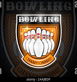 Bowling skittles in center of shield. Sport logo for any team or championship Stock Vector