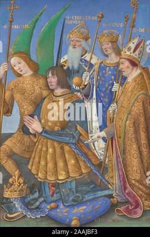 Louis XII of France Kneeling in Prayer; Jean Bourdichon (French, 1457 - 1521); 1498/1499; Tempera and gold on parchment; Leaf: 24.3 × 15.7 cm (9 9/16 × 6 3/16 in.) Stock Photo