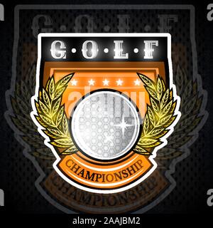 Golf ball in the middle of golden wreath on the shield. Sport logo for any team or championship Stock Vector