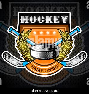 Hockey puck with crossed hockey sticks in center of golden wreath on shield. Sport logo for any team or championship Stock Vector