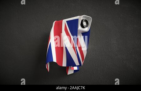 National surveillance. Security camera with the flag of the UK. Stock Photo