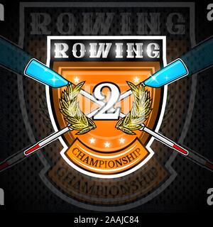 Modern crossed oars for rowing with number two in the middle of golden laurel wreath on the shield. Sport logo for any team or championship isolated o Stock Vector