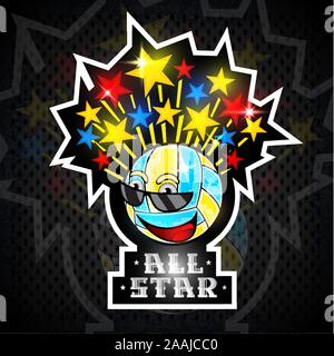 Multicolored stars fly out from beach volleyball ball character in sunglasses with text all star. Vector sport logo for any team and championship Stock Vector