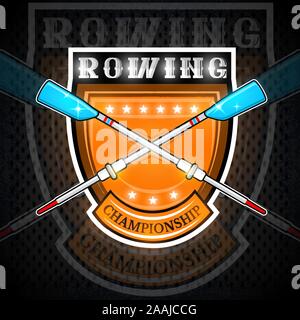 Modern cross oars for rowing in center of shield isolated on white. Sport logo for any team or championship Stock Vector