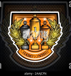 Three cups first gold, second silver and third place bronze with laurel wreath in center of shield. Vector sport logo for any team or competition Stock Vector