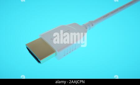 Latest generation HDMI cable and connector on blue illuminated background. 4K and Ethernet cable. Stock Photo