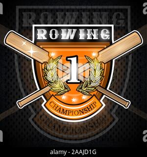 Vintage wood crossed oars for rowing with number one in the middle of golden laurel wreath on the shield on blackboard. Sport logo for any team or cha Stock Vector