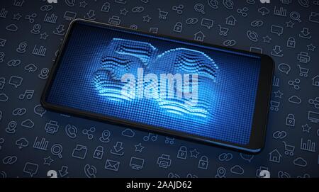 5G high-speed technology in smartphones. Illuminated screen with blue neon. Stock Photo