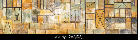 Facing tile banner. Ornament background. Geometric background. Ancient geometric wall. Specific wall. Special background. Geometric wall groundwork with different forms. Pattern, Sample. Wallpaper Stock Photo