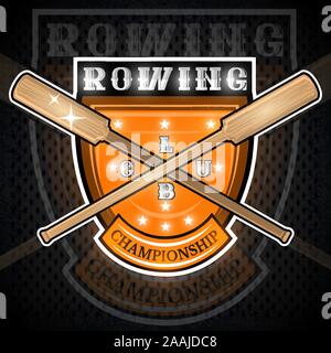Wood cross oars for rowing in center of shield. Sport logo for any team or championship isolated on blackboard Stock Vector