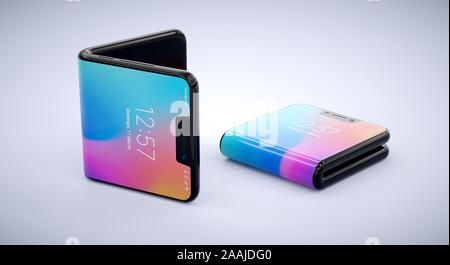 Image of two folding smartphones. The foldable phones are here. Stock Photo