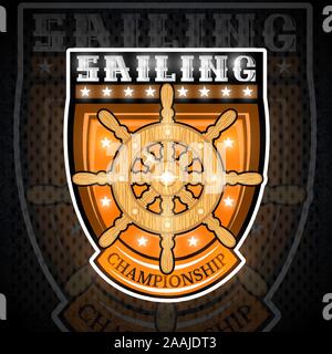 Wooden steering wheel in center of shield. Sport logo for any yachting or sailing team or championship Stock Vector