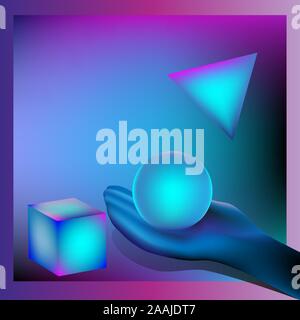 Ball in hand on a neon background with a triangle and a square. Stock Vector