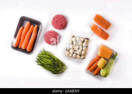 Different types of meat, vegetables and seafood isolated on white background Stock Photo