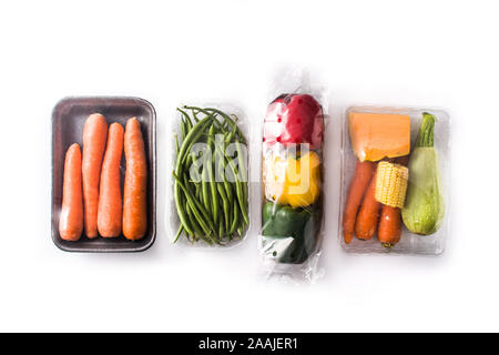 Different types vegetables packaged isolated on white background Stock Photo