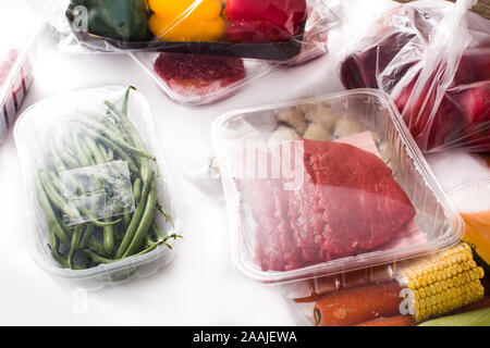 Different types of meat, vegetables and seafood isolated on white background Stock Photo