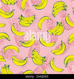 Fruits seamless pattern, vector background with pineapples and bananas, food, wrapping, textile Stock Vector