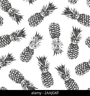 Pineapple seamless pattern, vector black and white background with pineapples for hawaiian shirt Stock Vector