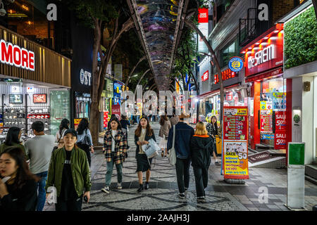 Jeonju Korea , 6 October 2019 : Jeonjugaeksa pedestrian shopping street view with people at night in Jeonju-si South Korea Stock Photo
