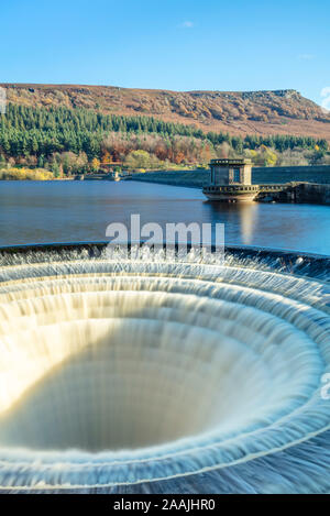 Ladybower Reservoir overflow bellmouth overflow bell-mouth spillway Ladybower reservoir Derbyshire Peak District national Park Derbyshire England UK Stock Photo