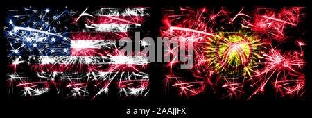 United States of America, USA vs Kyrgyzstan New Year celebration sparkling fireworks flags concept background. Combination of two abstract states flag Stock Photo