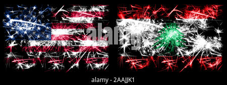 United States of America, USA vs Lebanon, Lebanese New Year celebration sparkling fireworks flags concept background. Combination of two abstract stat Stock Photo