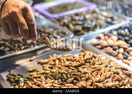 people use spoon to take fried worms up over other on tray Stock Photo