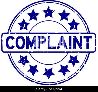 Grunge blue complaint word with star icon round rubber seal stamp on white background Stock Vector