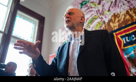 Staffordshire, UK. 22 November 2019. Labour leader Jeremy Corbyn at a Labour rally in Fenton, Stoke-on-Trent. The Stoke South seat is marginal with the Conservatives holding a majority of just over 600 votes. Credit: Benjamin Wareing/ Alamy Live News Stock Photo