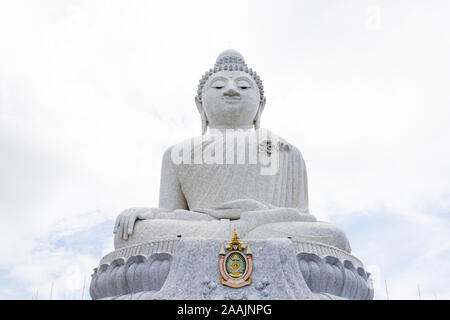 White big buddha with white sky of cloudy, have Thai King symbol Stock Photo